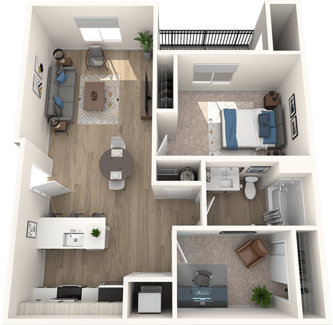 A 3D floor plan of a small apartment with a living room, kitchen, and bedroom.